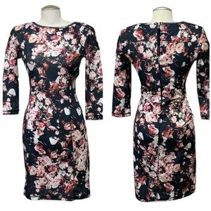 H&M Black Floral Prints Knee High 3/4 Sleeves Bodycon Dress Size Small